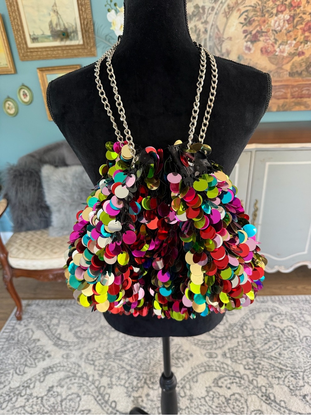 Y2K Vintage Large Sequin & Beaded Drawstring Purse